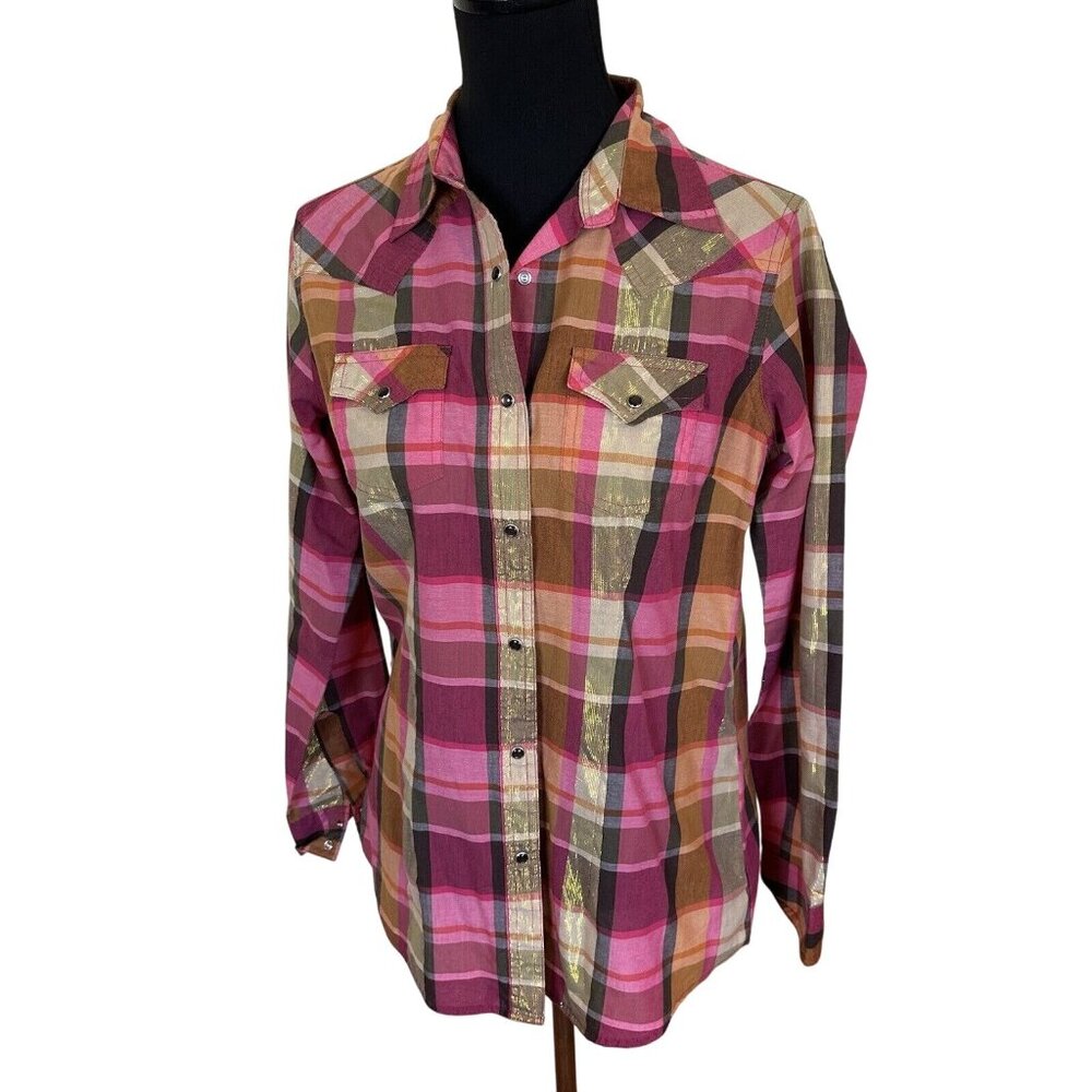 Wrangler Womens Pink & Gold Plaid Western Top Button Up Shirt Medium Long Sleeve